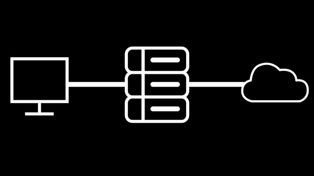Animation of a computer connecting to a cloud server through a database network on dark background. Great for IT and networking themes.
