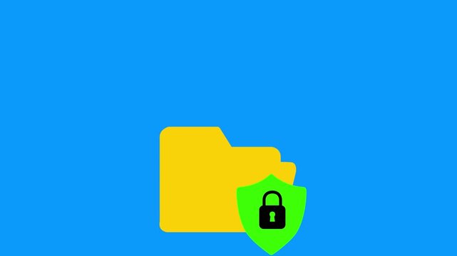 Colorful flat design animation of a secure folder with shield and padlock. Represents data protection and privacy in cybersecurity.