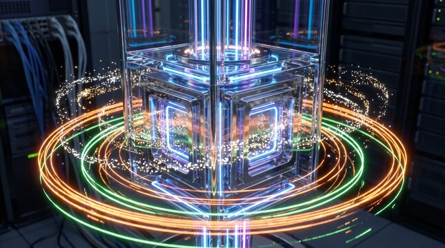 Futuristic quantum computing concept with glowing computational architecture and high-speed data processing.