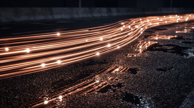 Long exposure light trails on dark asphalt road at night