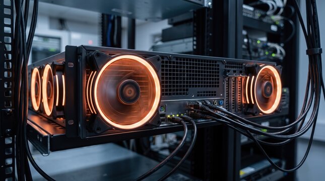 Server Rack with Glowing Orange Cooling Fans in Data Center Hardware Room