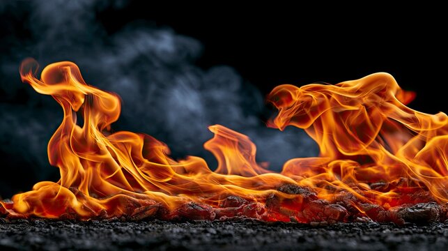 Fiery Flames on Charred Ground in Dark Background.
