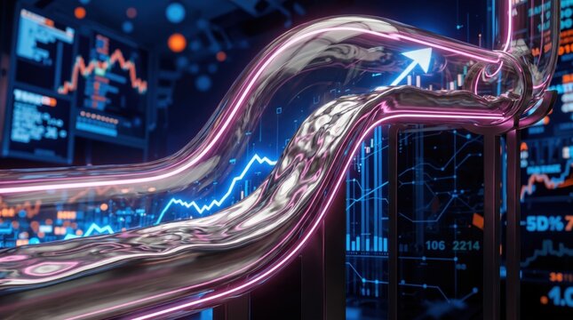 Abstract Financial Data Flow with Metallic Liquid Path and Stock Market Growth Charts