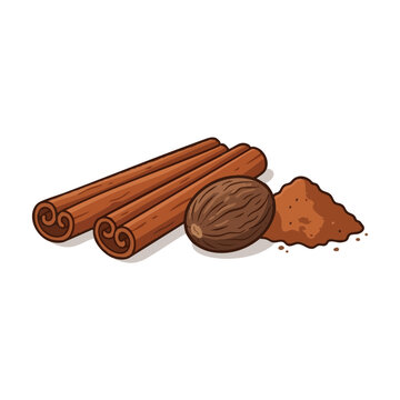 Flat vector design of nutmeg and cinnamon spices placed on a simple background
