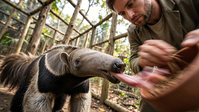 Caucasian male zookeeper feeding a giant anteater Myrmecophaga tridactyla as it extends its long tongue into a food bowl inside a wooden zoo enclosure