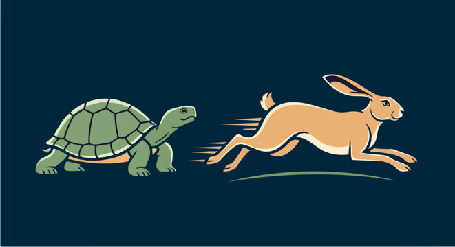 Tortoise and Hare race illustration. Fast hare running versus slow turtle. Cartoon animal characters in motion. Fable vector art with speed lines for storytelling and competition concepts.