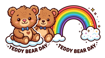 Obraz premium Two Adorable Teddy Bears Sitting on Clouds with a Colorful Rainbow Illustration