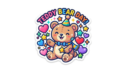 Fototapeta premium Adorable Teddy Bear Day Celebration Vector Sticker with Colorful Hearts and Stars