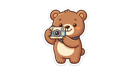 Fototapeta premium Adorable Cartoon Bear Photographer Holding a Retro Camera Sticker Illustration