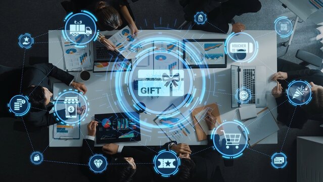 Digital gift card icons show e-commerce, payment, and digital gift card redemption. Digital gift card supports online shopping, secure payment, and customer loyalty programs. Funnel