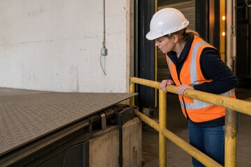 Fototapeta premium Loading Dock Safety Inspection Leveler Hinge waistup lifestyle