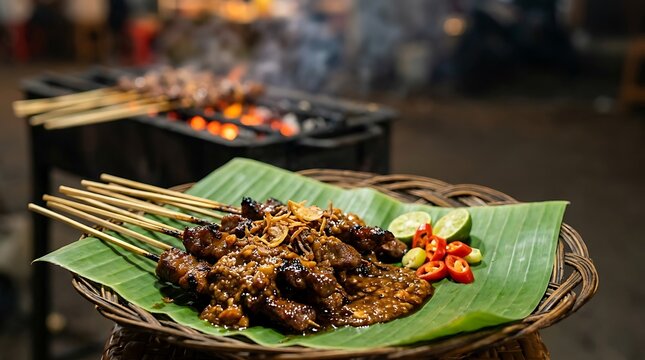 Smoking hot grilled beef satay skewers with rich sauce on banana leaf