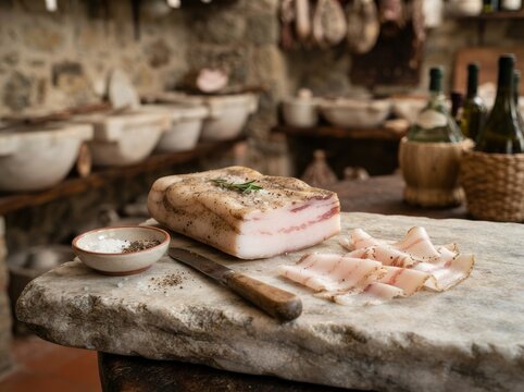 A block of cured pork fatback with slices resting on a rustic marble stone board, accompanied by a small bowl of salt and black pepper and a vintage knife in a traditional cellar setting.