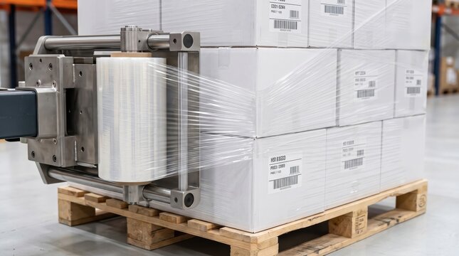 Industrial stretch wrapping machine securing white cardboard boxes on a wooden pallet for shipping and logistics