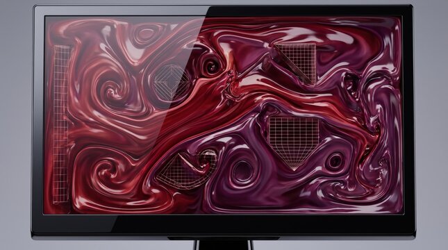 Computer monitor displaying abstract red liquid swirl pattern isolated on solid background