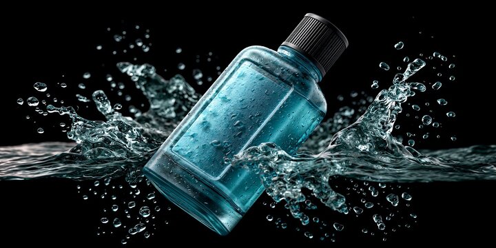 Refreshing Blue Bottle Splashing Water Dynamic Scene.