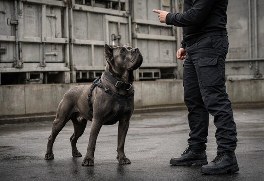 Professional owner standing next to large Cane Corso guard dog on urban city street outdoor