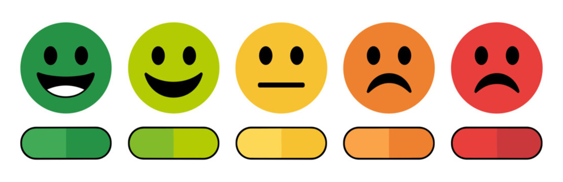 Smiley Face Emotion Scale: A visual representation of customer satisfaction using a range of smiley faces from happy to sad, accompanied by color-coded bars for rating.