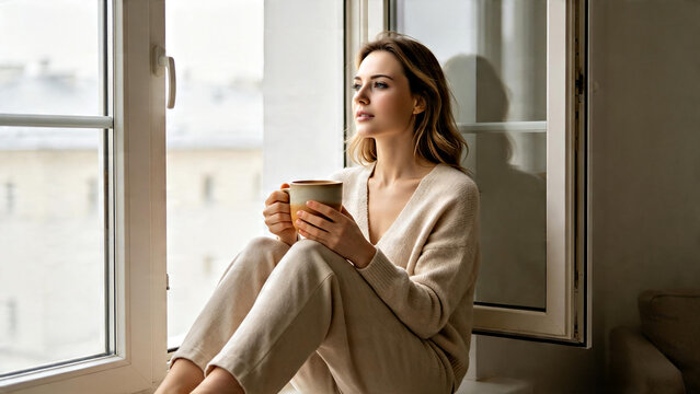 Finding the Perfect Moment: Serene Woman Sips Coffee by a Sun-Drenched Window