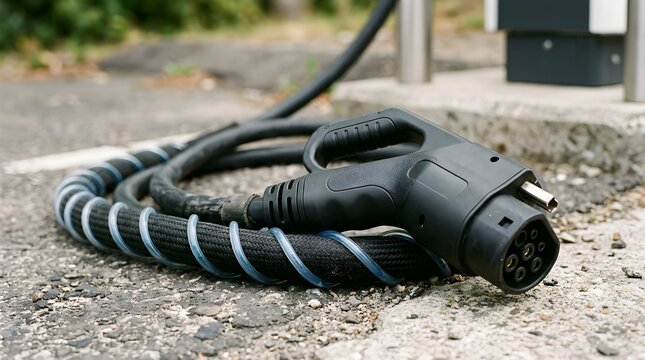 Modern electric vehicle charging cable and plug demonstrating advanced EV battery technology infrastructure.