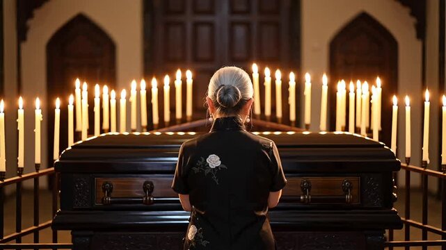 Person standing in dark church near coffin paying last respects with candles burning
