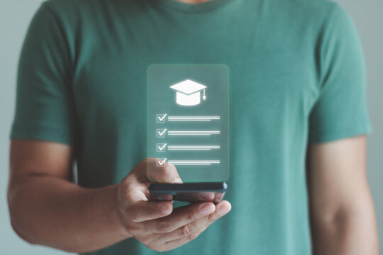 Online education concept featuring a student using a smartphone with a digital graduation cap and checklist, representing e-learning, academic progress, study planning, and modern learning technology.