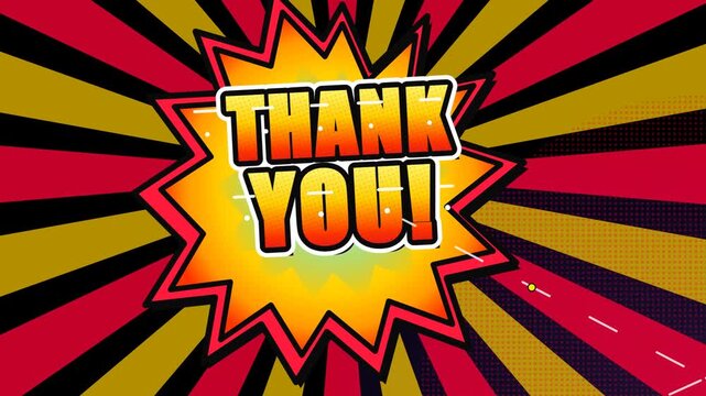 Retro Comic Book Thank You Animated Popup with Explosive Sunburst Halftone Text and Smoke Effect