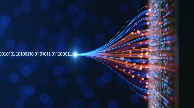Data and binary code stream through a digital fiber optic network connection point