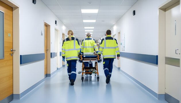 Paramedics with stretcher walking through hospital corridor emergency response