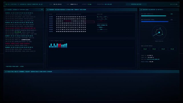 Cyber Security Data Interface Loop with Terminal Code, Hex Memory Dump, Telemetry Widgets, and Digital Glitch Threat Alert