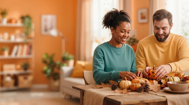 Happy diverse couple decorating table with pumpkins for autumn. Smiling young man and woman arranging fall decorations in cozy living room. Thanksgiving and harvest season preparation
