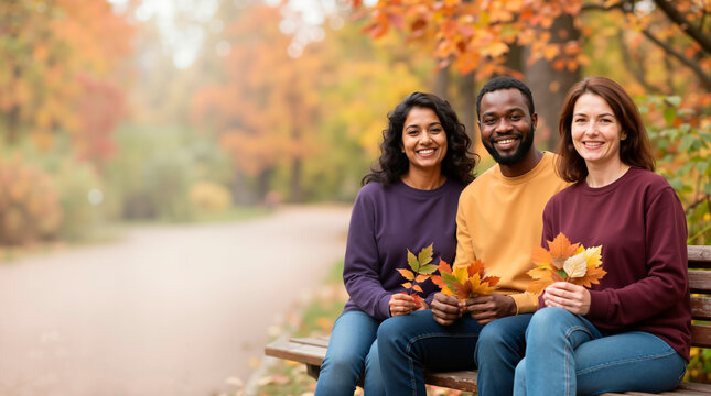 Diverse group of happy friends holding autumn leaves on a park bench. Multiethnic young adults smiling together in fall season. Copy space on left