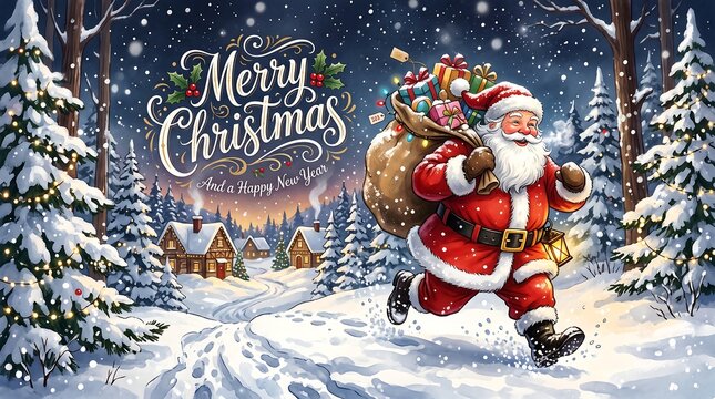 Santa Claus rushes through a snowy woodland with a sack full of gifts, embodying the spirit of Christmas and holiday cheer.
