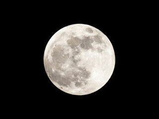 Fototapeta premium A full moon isolated against a pitch-black night sky, showcasing detailed lunar craters and surface textures in high clarity.