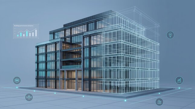 Commercial real estate technology concept illustrating building performance analytics and digital twin wireframe for modern glass office architecture