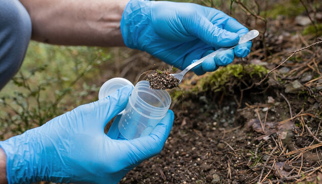 Hands collecting soil sample for outdoor gardening and nature study