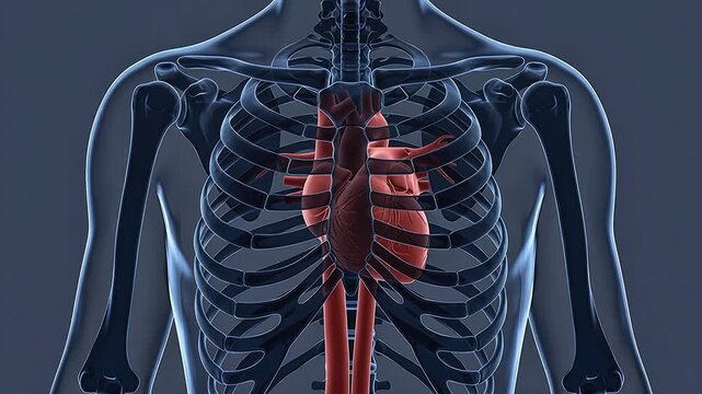 3D Medical Animation of Human Heart Beating Inside Rib Cage Skeleton Body Anatomical Rendering