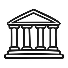 Fototapeta premium Black and white line illustration of a classical temple facade with a triangular pediment, five columns on a stepped base, representing government, law, and public institution.