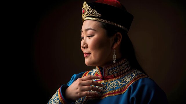 Mongolian Woman in Traditional Attire: A serene Mongolian woman adorned in vibrant, ornate traditional clothing and a regal headdress closes her eyes.