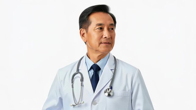 Doctor's Dignity: A distinguished Asian doctor, wearing a pristine white coat and stethoscope, exudes confidence and expertise as he looks thoughtfully into the distance.