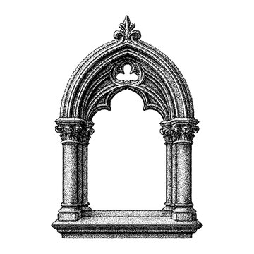 Ornate Gothic pointed-arch window with twin stone columns, carved capitals, quatrefoil tracery and projecting sill, detailed black-and-white stipple engraving