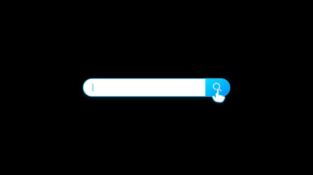 Animated Cyan Search Bar Interface with Blinking Cursor and Hand Pointer Clicking Magnifying Glass Icon on Transparent Background