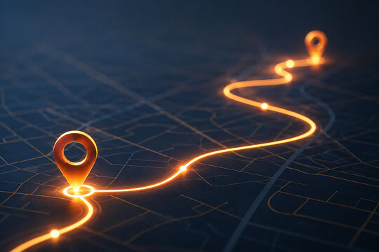 AI generated glowing route location pins dark map representing navigation travel tracking destination journey logistics direction digital mapping technology