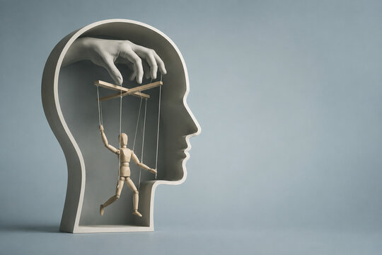 AI generated human head hand controlling wooden marionette inside representing manipulation mind control psychology influence power dependency loss of personal freedom