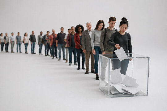 AI generated diverse voters waiting line as woman places ballot into transparent box representing election democracy civic duty participation voting