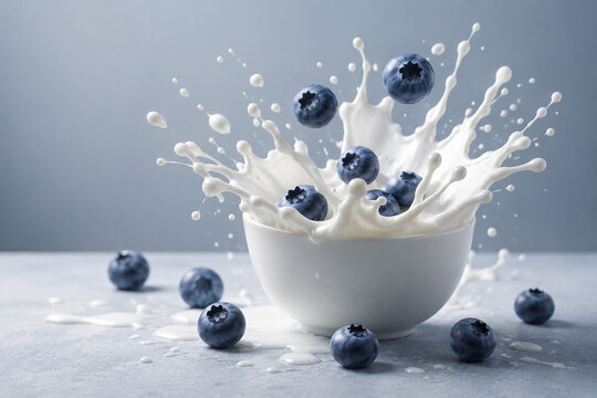 AI generated fresh blueberries splashing into creamy milk white bowl dynamic droplets representing healthy breakfast nutrition freshness delicious natural food