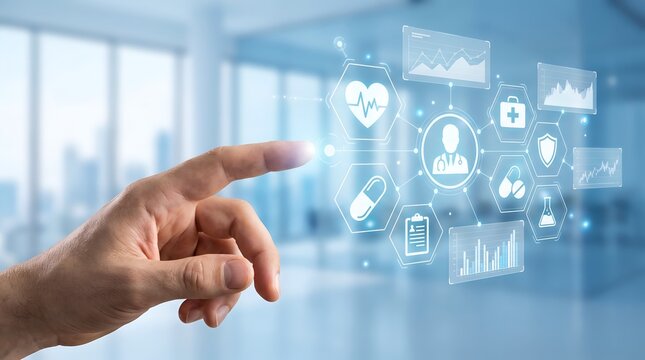 Digital health analytics dashboard showing medical data network and futuristic healthcare management interface