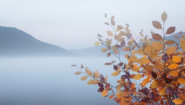 Vibrant autumn leaves in the foreground set against a serene, foggy mountain landscape. The misty, soft blue background creates a peaceful and moody atmosphere.