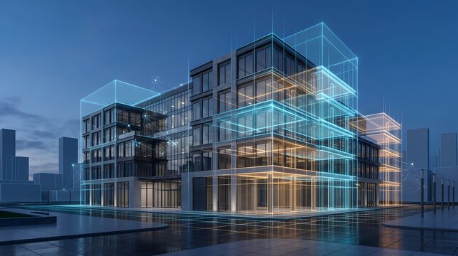 Digital twin building information modeling with glowing holographic wireframe over modern commercial real estate architecture