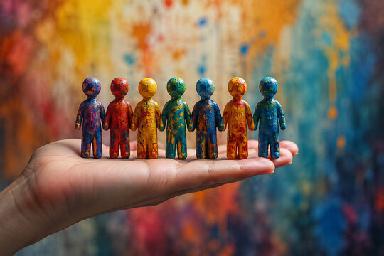 AI generated colorful human figures standing an open hand representing diversity inclusion unity community teamwork equality support belonging social connection